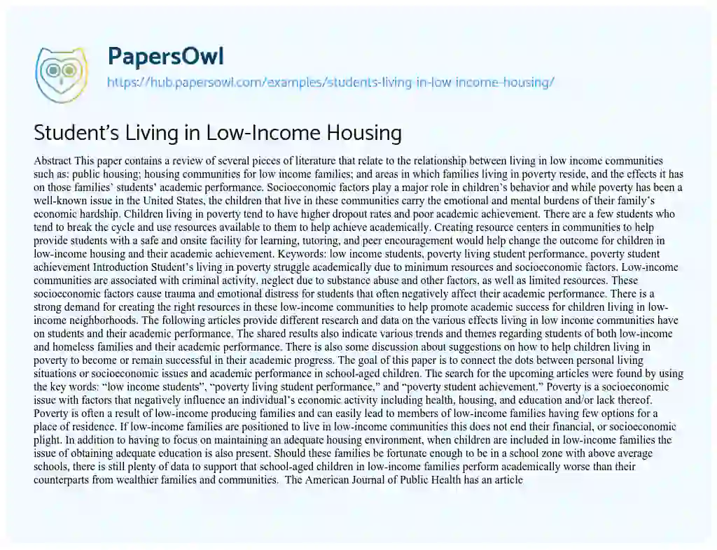 Essay on Student’s Living in Low-Income Housing