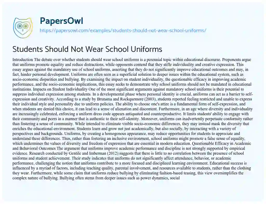 Essay on Students Should Not Wear School Uniforms