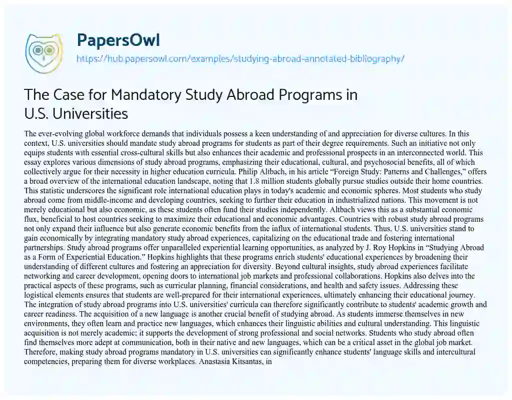 Essay on The Case for Mandatory Study Abroad Programs in U.S. Universities
