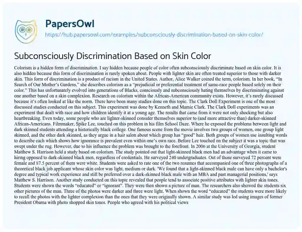 Essay on Subconsciously Discrimination Based on Skin Color