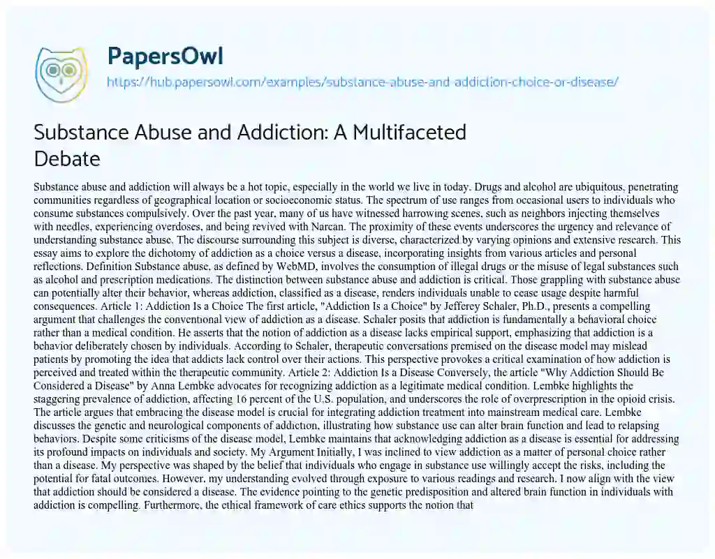 Essay on Substance Abuse and Addiction: A Multifaceted Debate