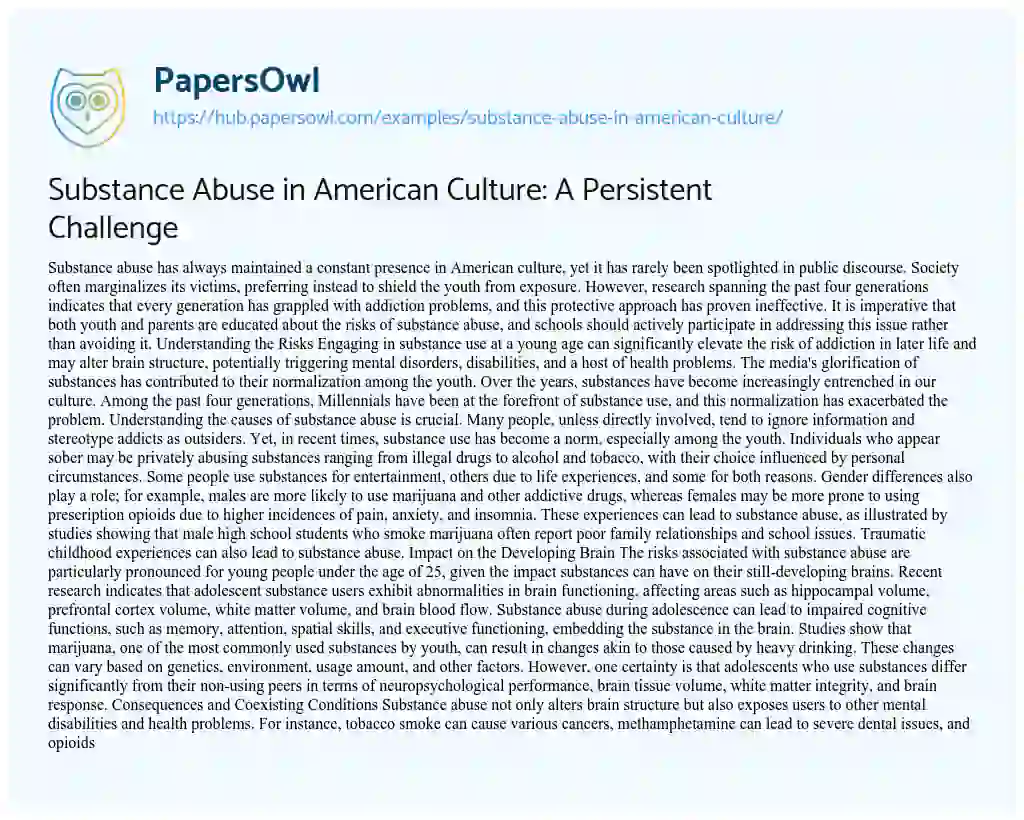 Essay on Substance Abuse in American Culture: A Persistent Challenge