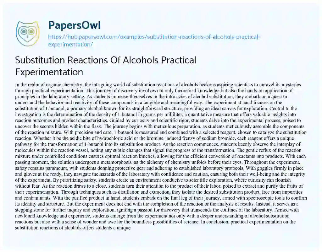 Essay on Substitution Reactions Of Alcohols Practical Experimentation