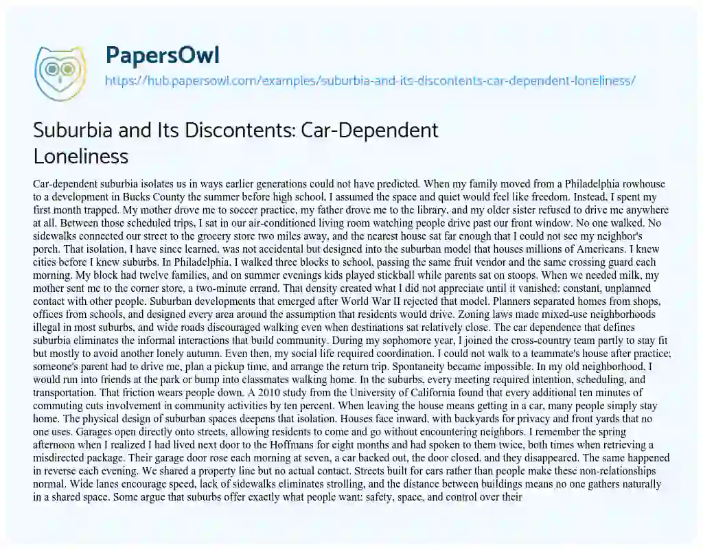 Essay on Suburbia and Its Discontents: Car-Dependent Loneliness