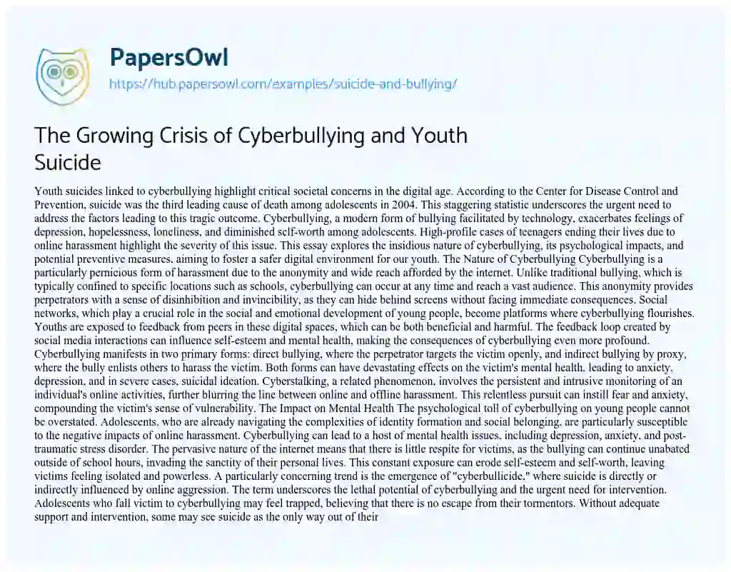 Essay on The Growing Crisis of Cyberbullying and Youth Suicide
