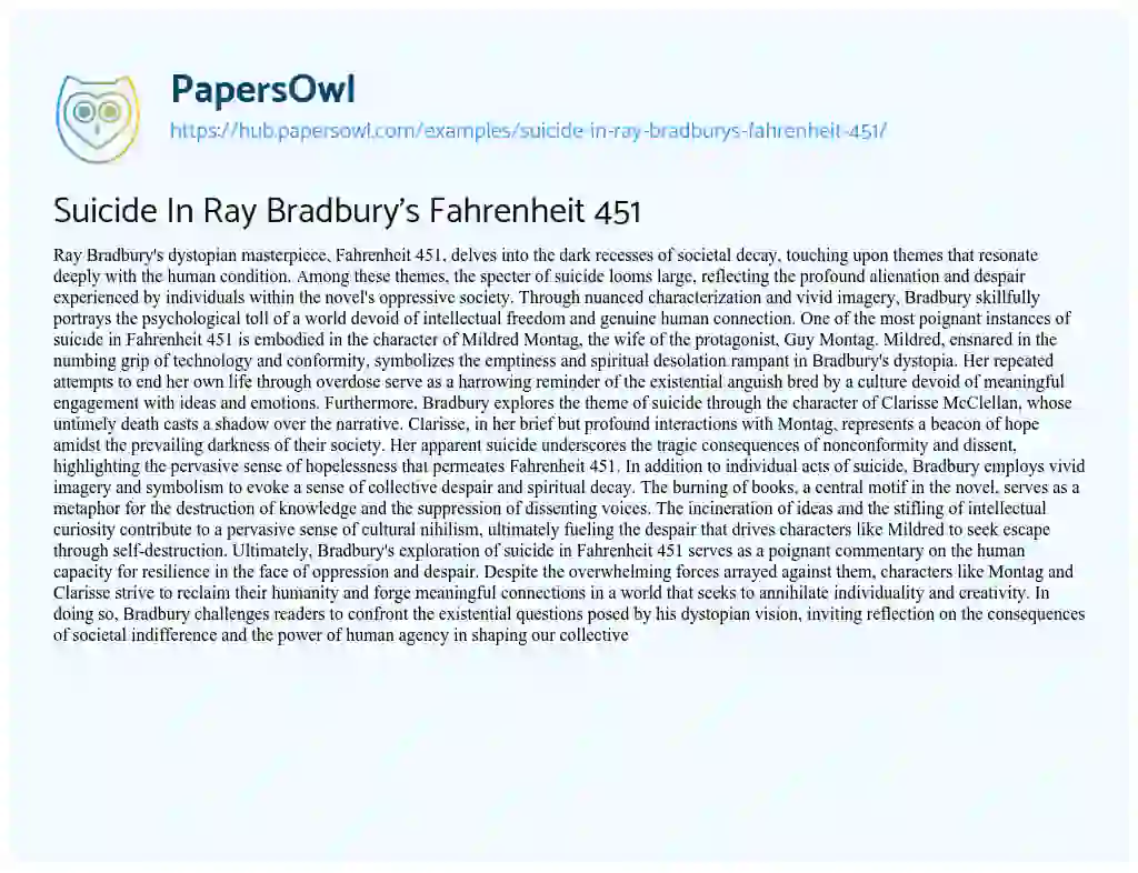 Essay on Suicide In Ray Bradbury’s Fahrenheit 451