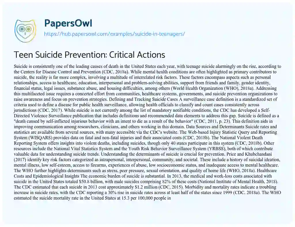 Essay on Teen Suicide Prevention: Critical Actions
