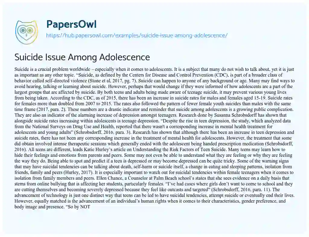 Essay on Suicide Issue Among Adolescence