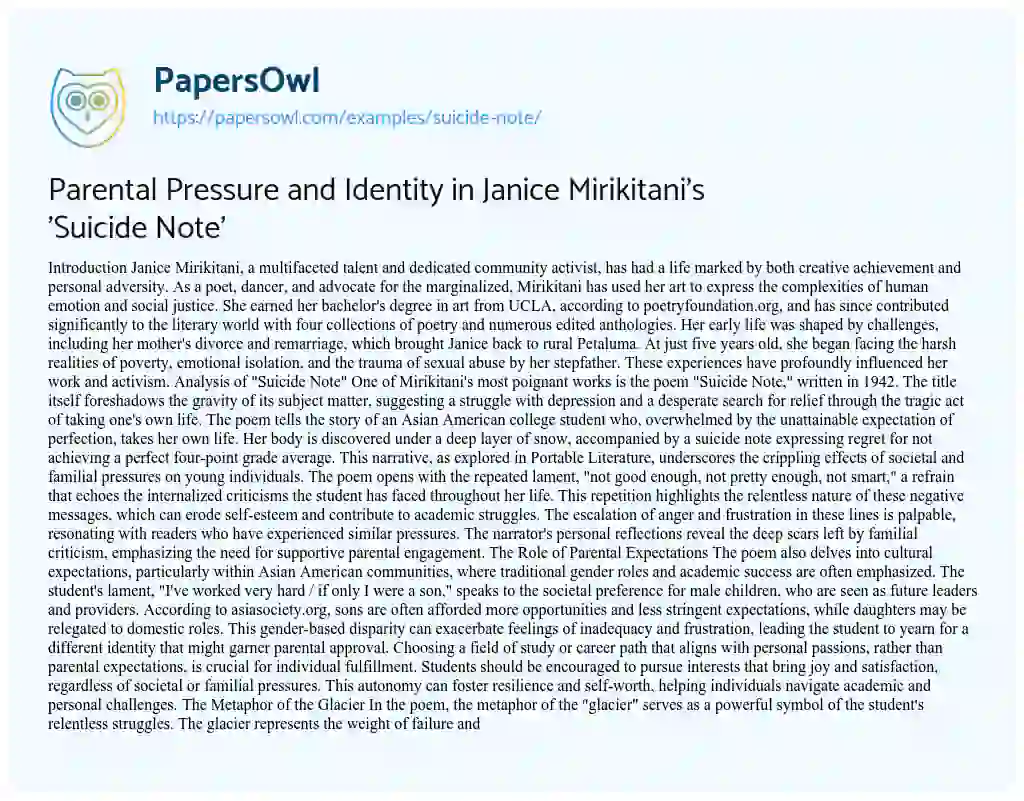 Essay on Parental Pressure and Identity in Janice Mirikitani’s ‘Suicide Note’
