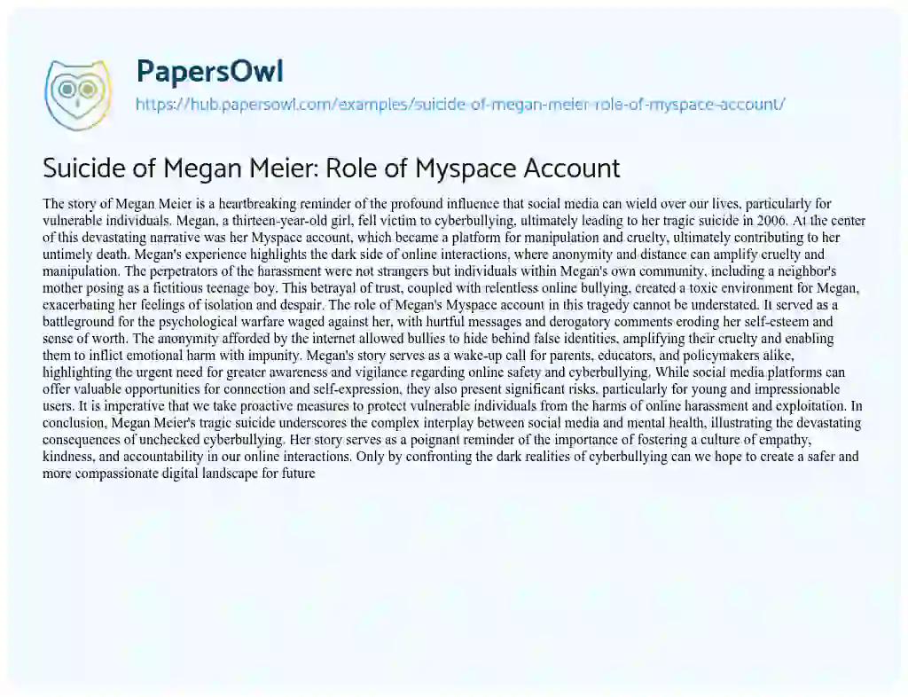 Essay on Suicide of Megan Meier: Role of Myspace Account
