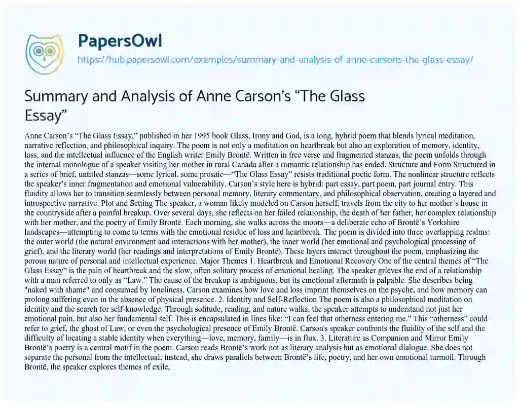 Essay on Summary and Analysis of Anne Carson’s “The Glass Essay”