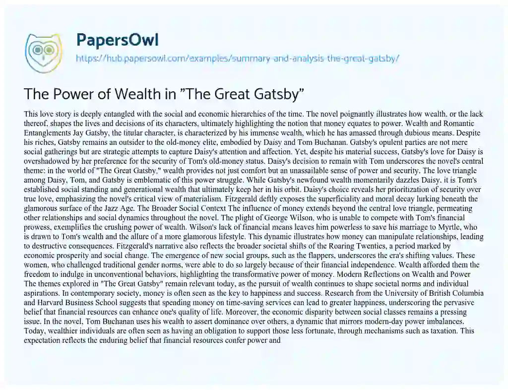 Essay on The Power of Wealth in “The Great Gatsby”