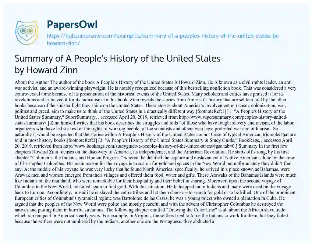 Essay on Summary of A People’s History of the United States by Howard Zinn