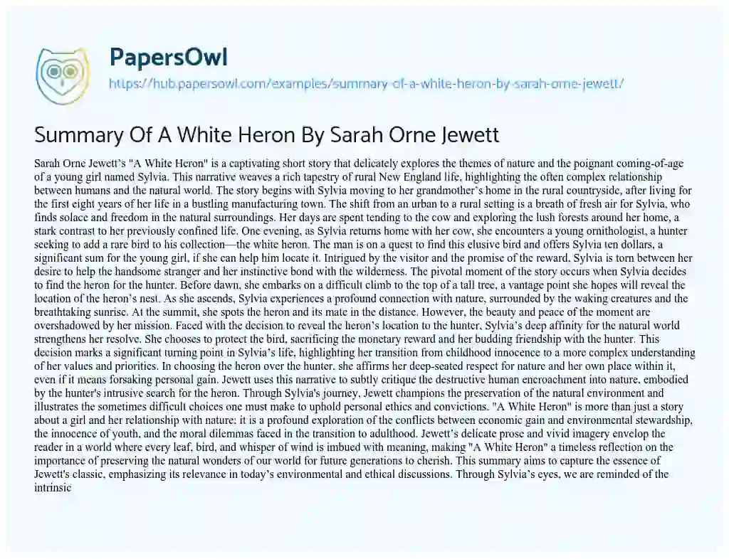 Essay on Summary Of A White Heron By Sarah Orne Jewett