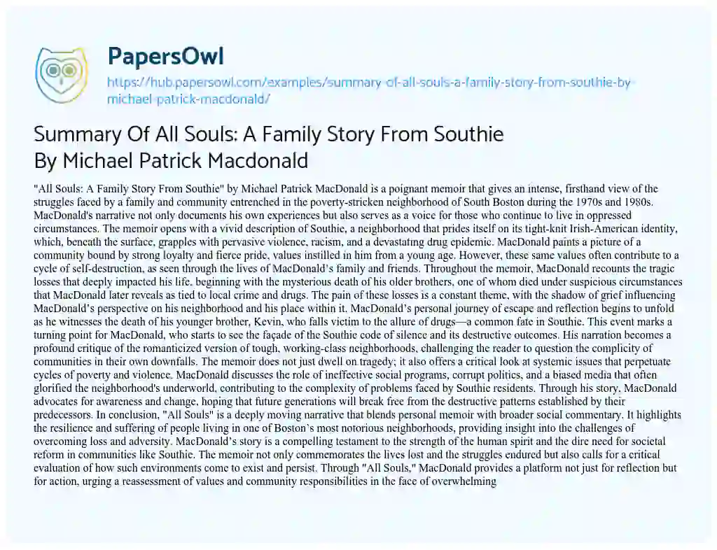 Essay on Summary Of All Souls: A Family Story From Southie By Michael Patrick Macdonald