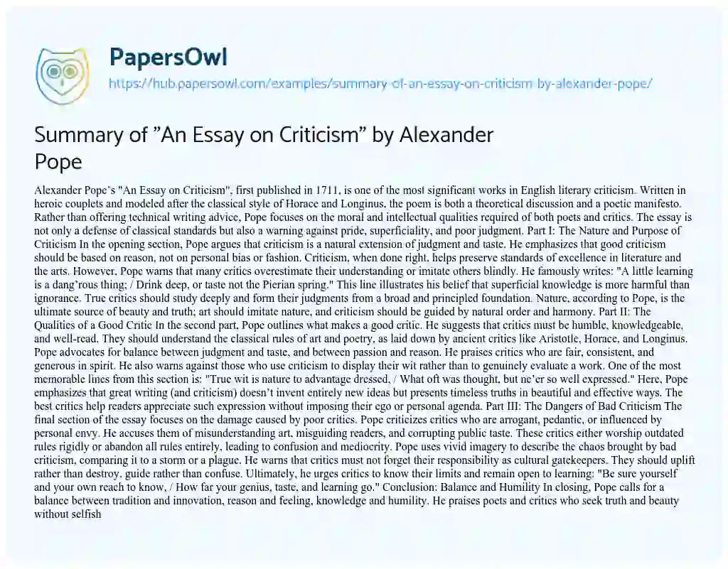 Essay on Summary of “An Essay on Criticism” by Alexander Pope