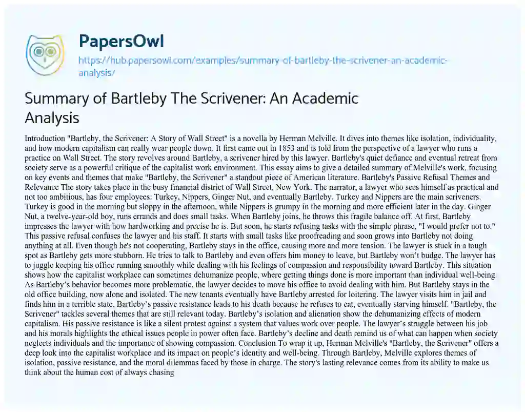 Essay on Summary of Bartleby The Scrivener: An Academic Analysis