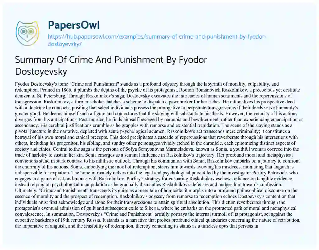 Essay on Summary Of Crime And Punishment By Fyodor Dostoyevsky