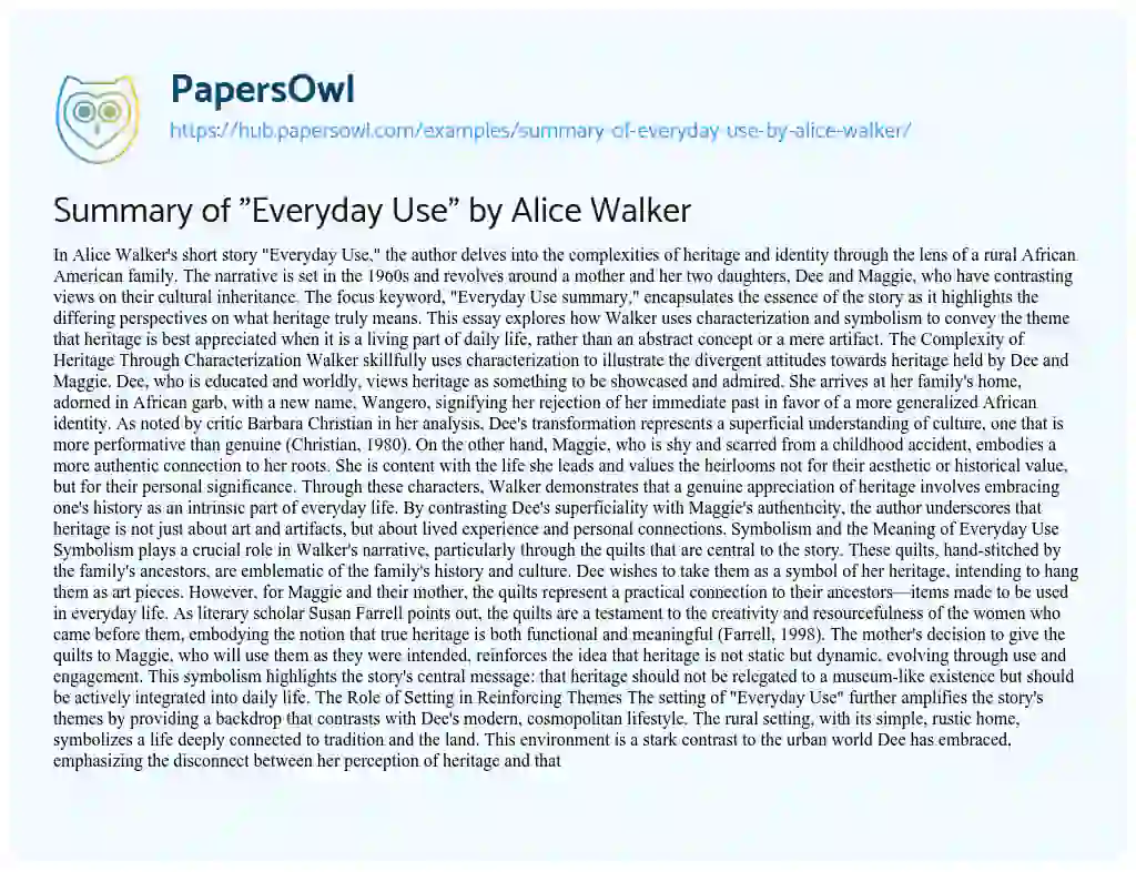 Essay on Summary of “Everyday Use” by Alice Walker