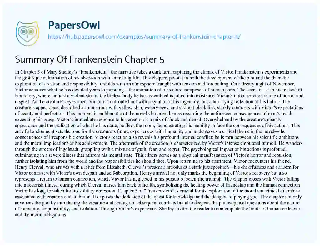 Essay on Summary Of Frankenstein Chapter 5