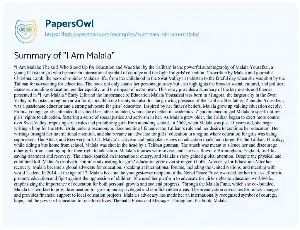 Essay on Summary of “I Am Malala”