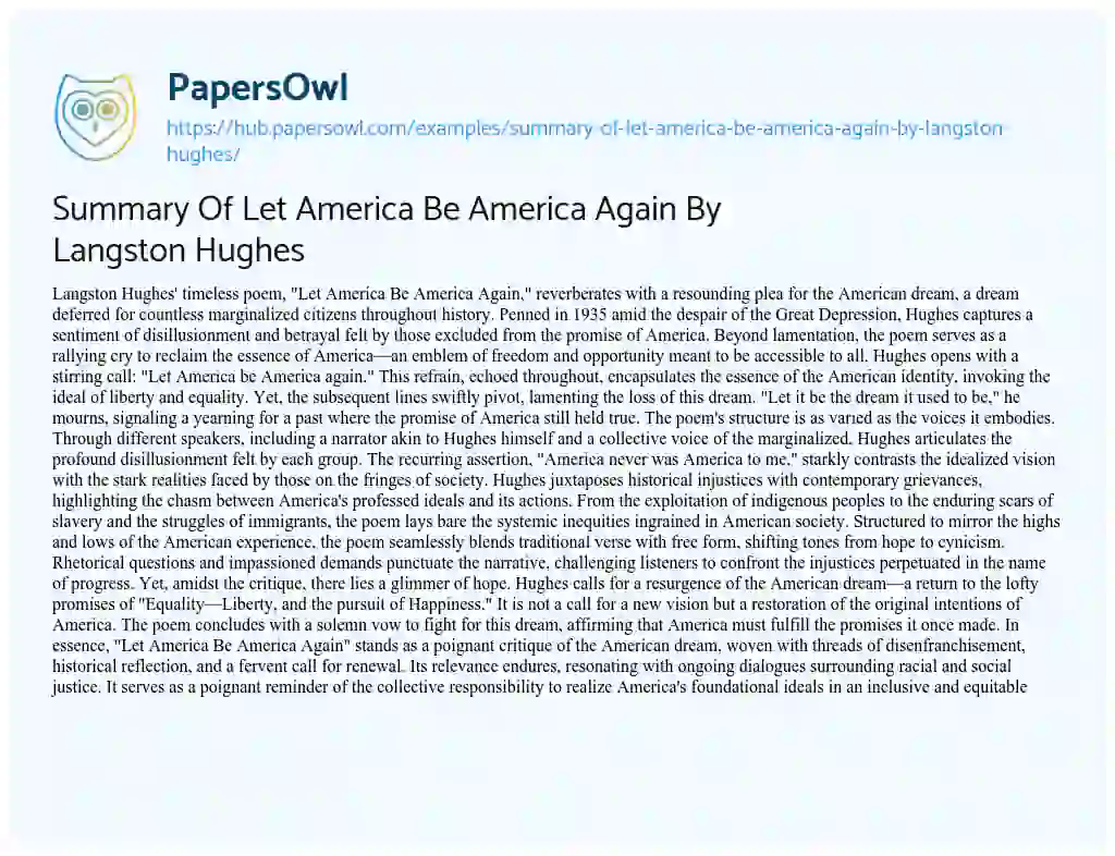 Essay on Summary Of Let America Be America Again By Langston Hughes