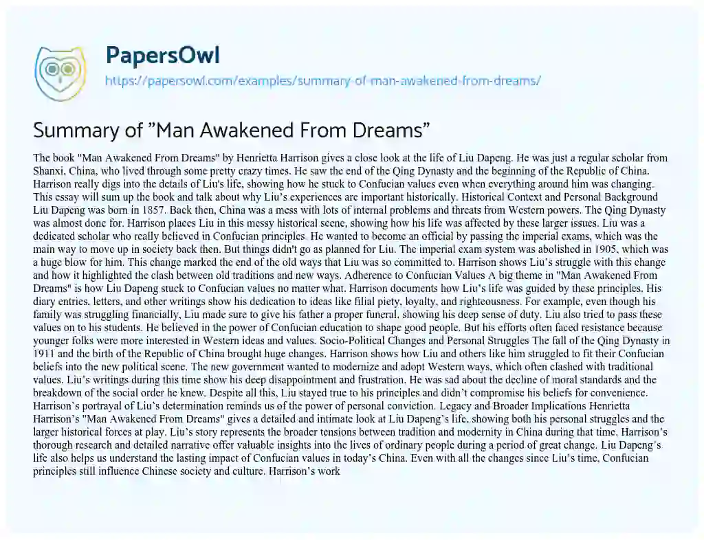 Essay on Summary of “Man Awakened From Dreams”