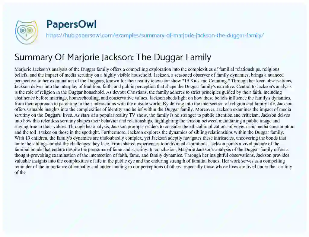 Essay on Summary Of Marjorie Jackson: The Duggar Family