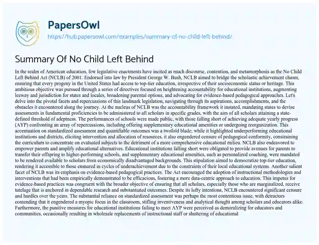 Essay on Summary Of No Child Left Behind