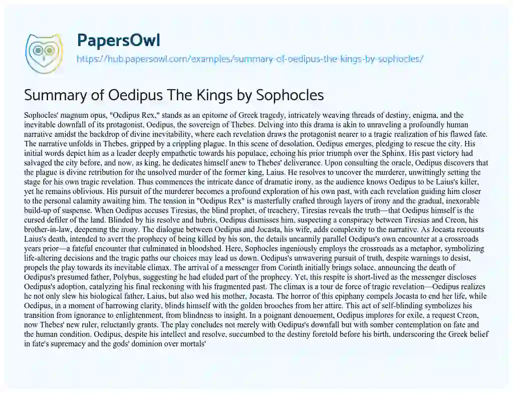 Essay on Summary of Oedipus The Kings by Sophocles
