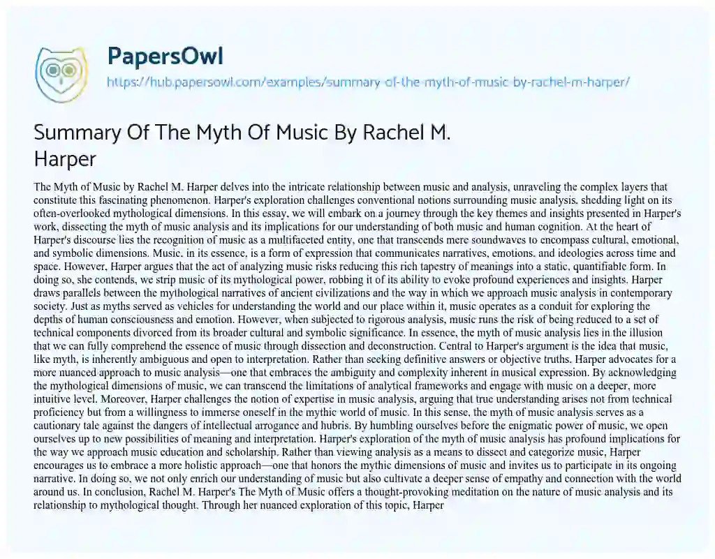 Essay on Summary Of The Myth Of Music By Rachel M. Harper