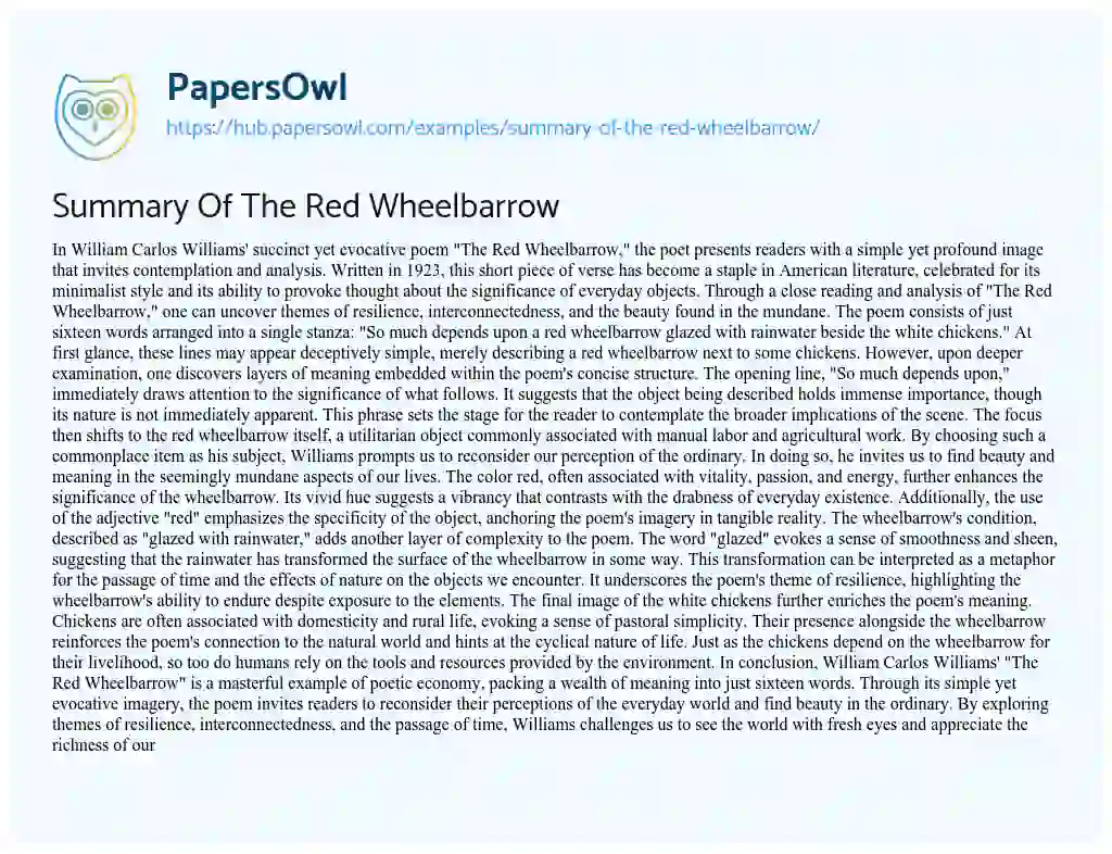 Essay on Summary Of The Red Wheelbarrow