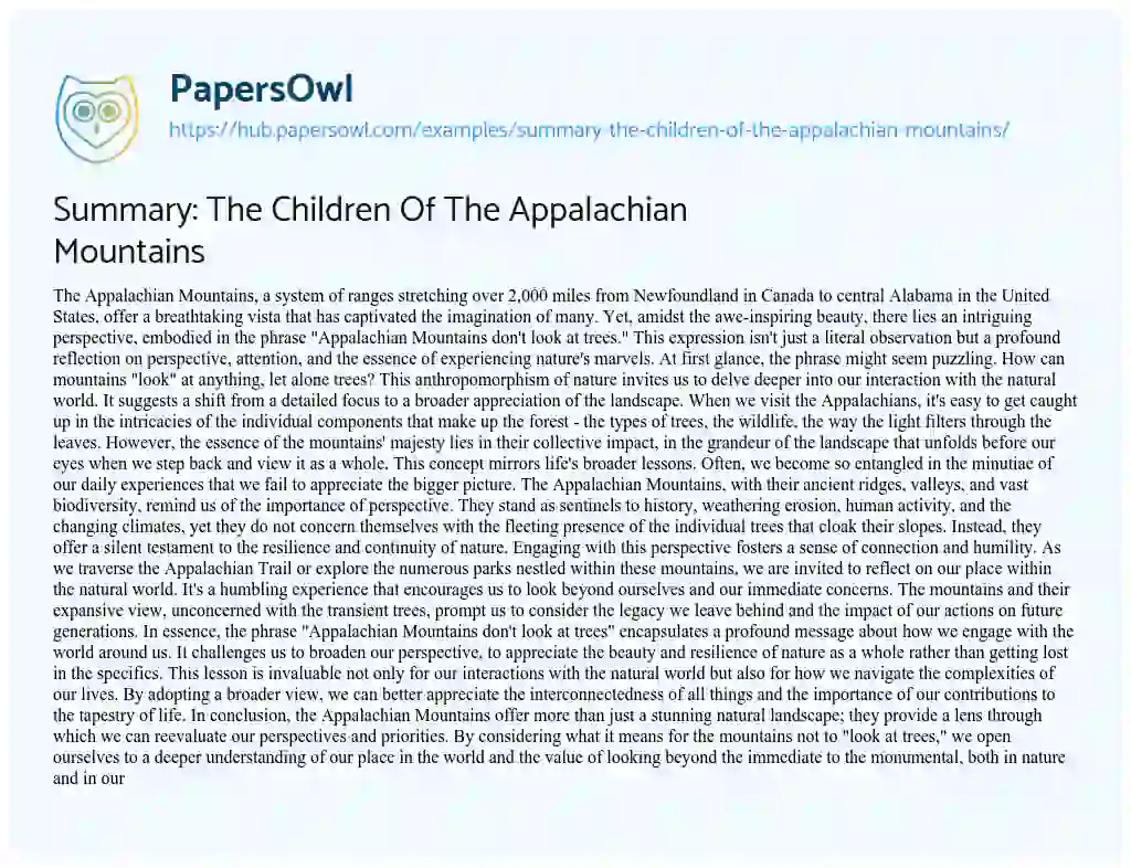 Essay on Summary: The Children Of The Appalachian Mountains