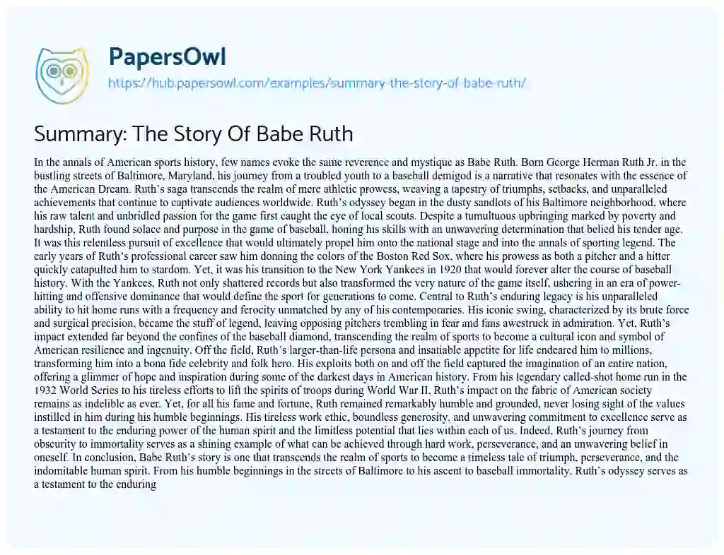 Essay on Summary: The Story Of Babe Ruth