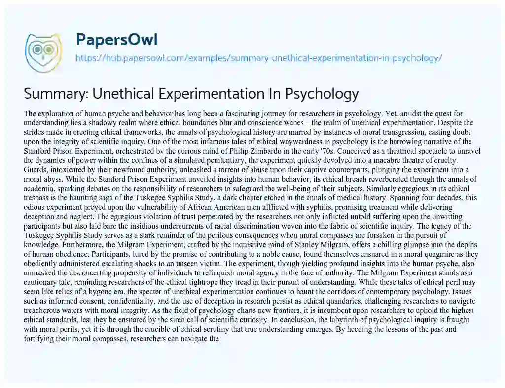 Essay on Summary: Unethical Experimentation In Psychology