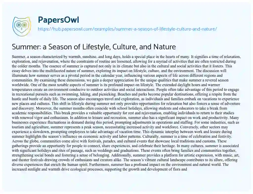 Essay on Summer: a Season of Lifestyle, Culture, and Nature