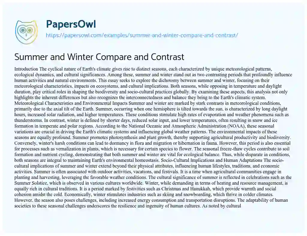 Essay on Summer and Winter Compare and Contrast
