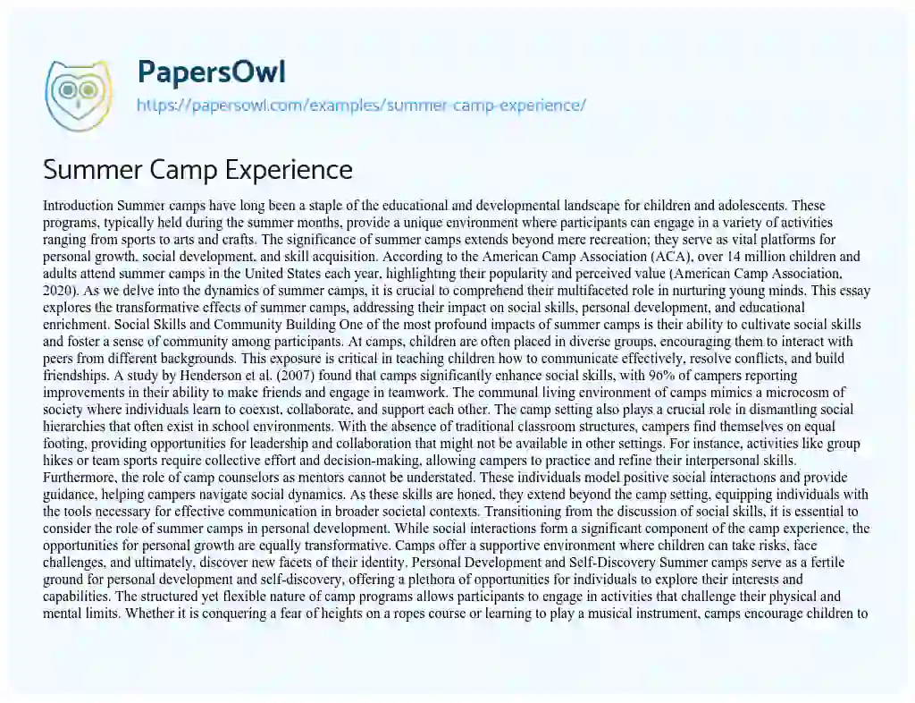 Essay on Summer Camp Experience