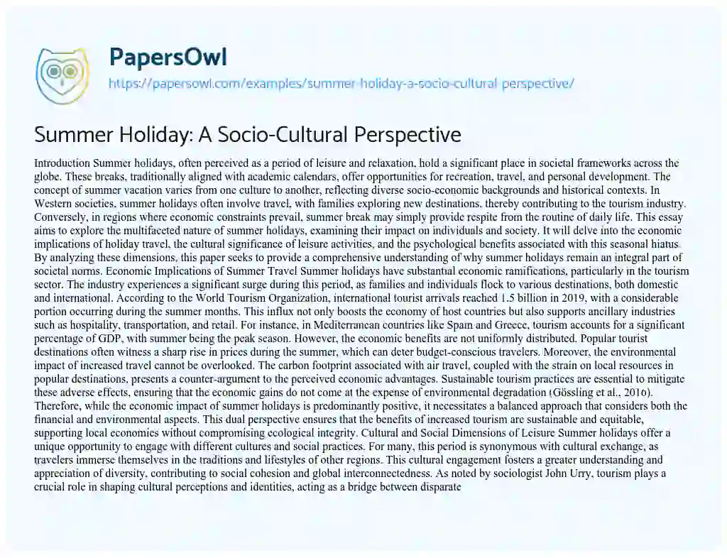 Essay on Summer Holiday: A Socio-Cultural Perspective