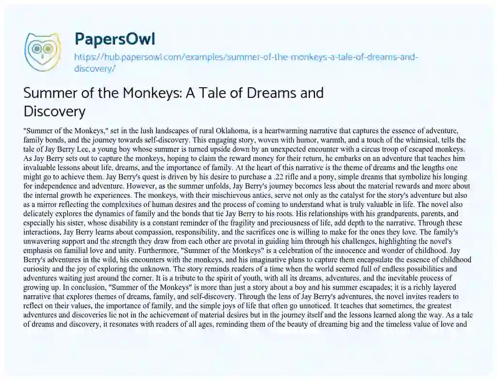 Essay on Summer of the Monkeys: A Tale of Dreams and Discovery