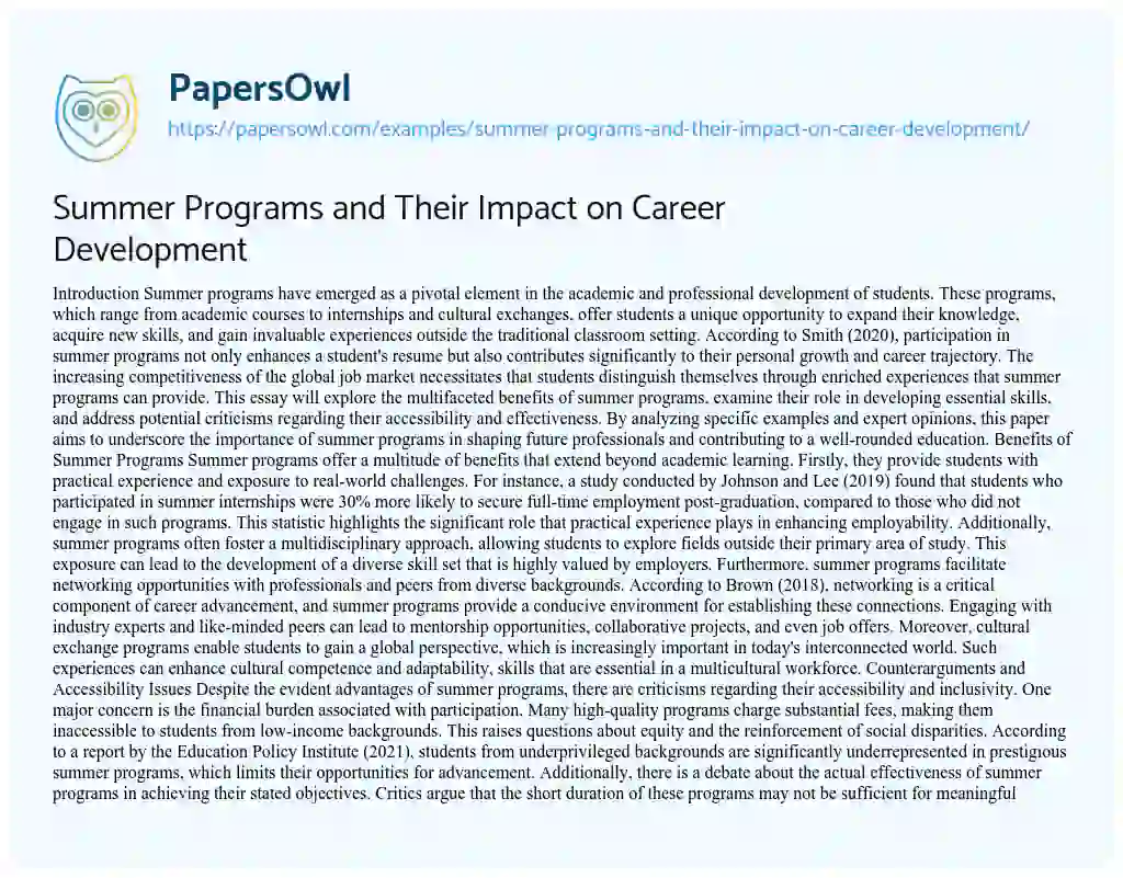 Essay on Summer Programs and Their Impact on Career Development