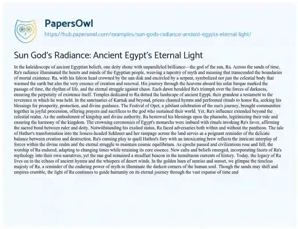 Essay on Sun God’s Radiance: Ancient Egypt’s Eternal Light