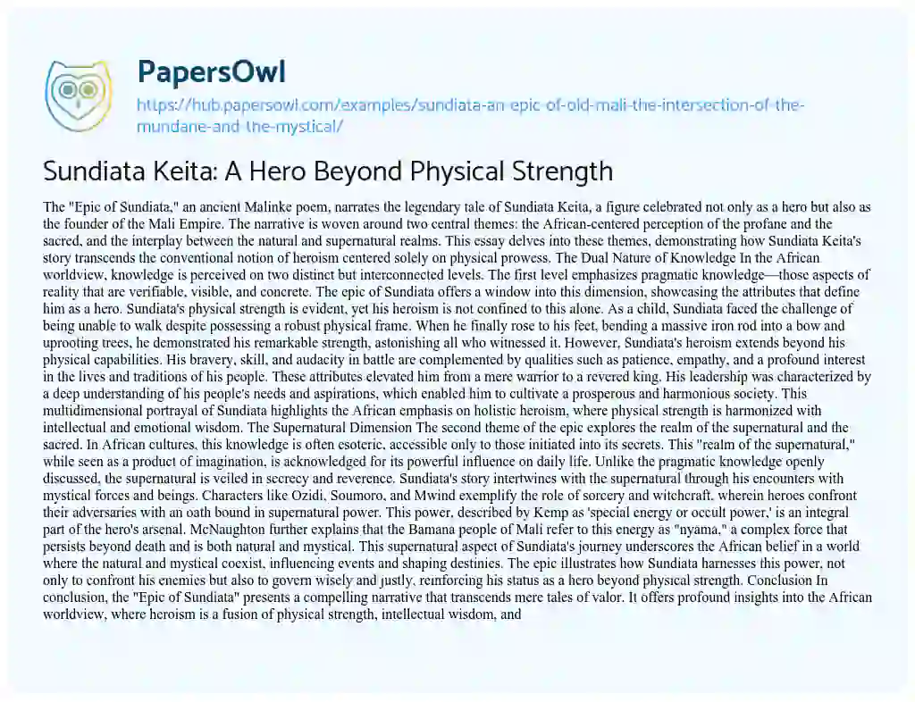 Essay on Sundiata Keita: A Hero Beyond Physical Strength