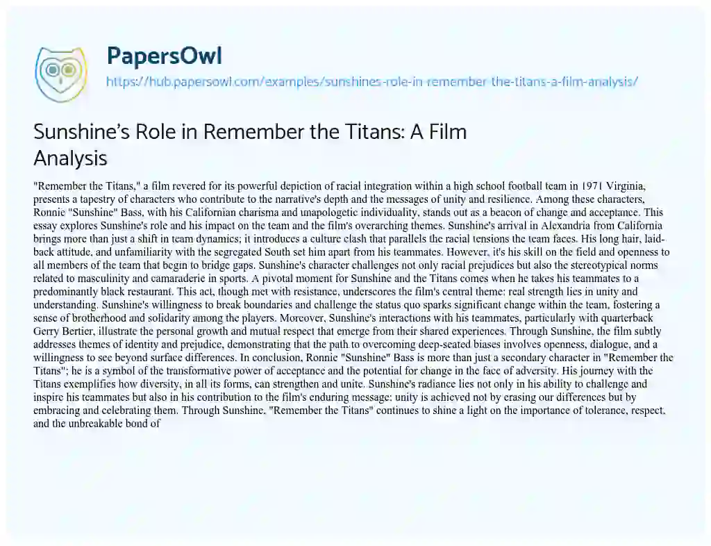 Essay on Sunshine’s Role in Remember the Titans: A Film Analysis