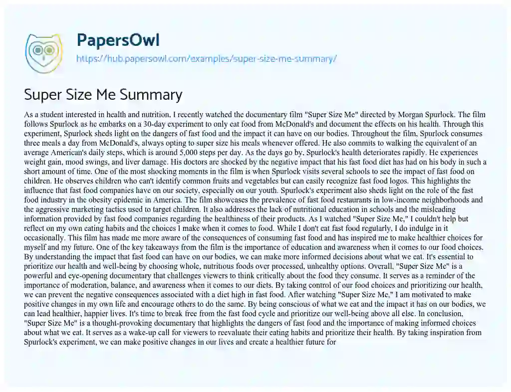 Essay on Super Size Me Summary
