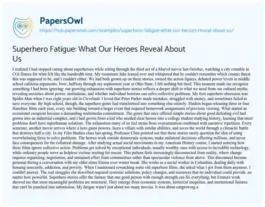 Essay on Superhero Fatigue: What Our Heroes Reveal About Us