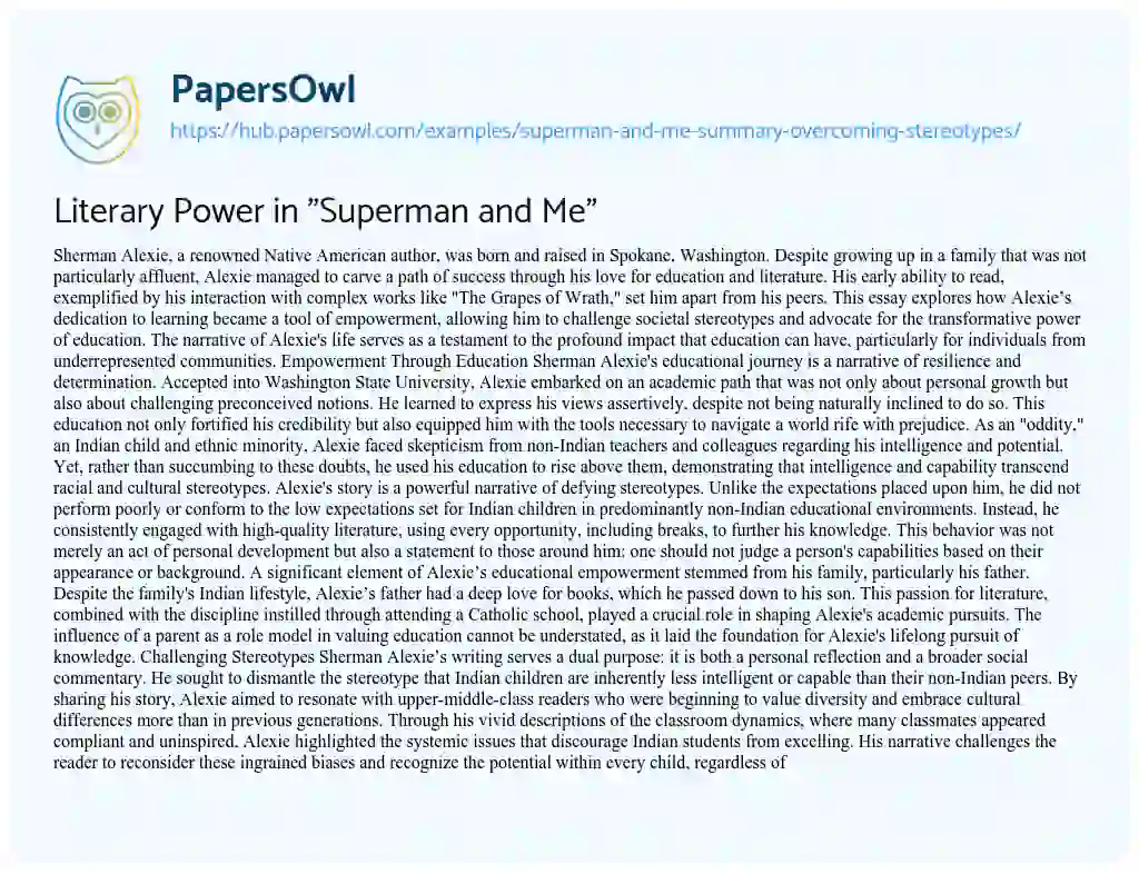 Essay on Literary Power in “Superman and Me”