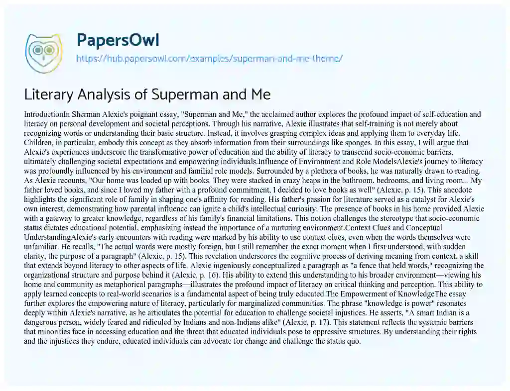 Essay on Literary Analysis of Superman and Me