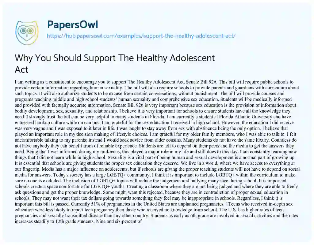 Essay on Why You Should Support The Healthy Adolescent Act