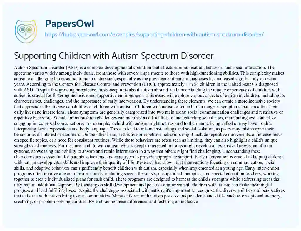 Essay on Supporting Children with Autism Spectrum Disorder